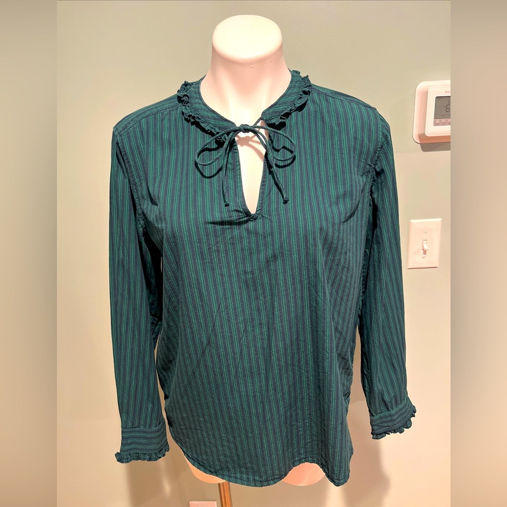 Free Assembly Women's Ruffle Collar Top, Long Sleeve Size:M Navy/green Striped